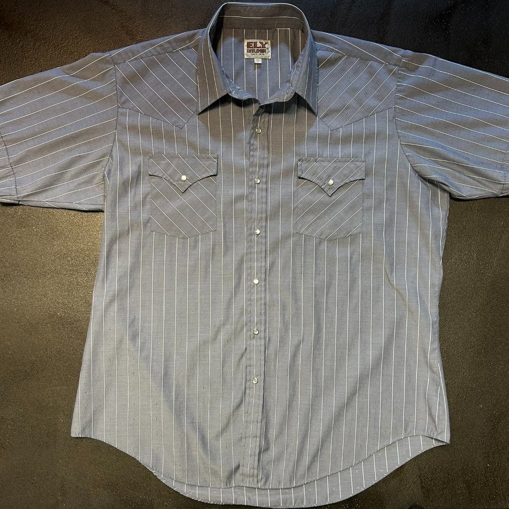 ELY CATTLEMAN Men's XL Shirt Grey Striped Short Sleeve Pearl Snaps